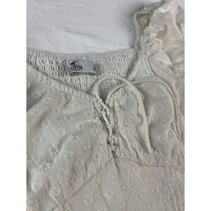 Hollister Crop Top Womens Large White Floral Eyelet Puff Sleeve Smocked Corset
